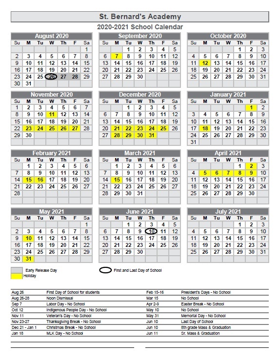 School Calendar | St. Bernard's Academy
